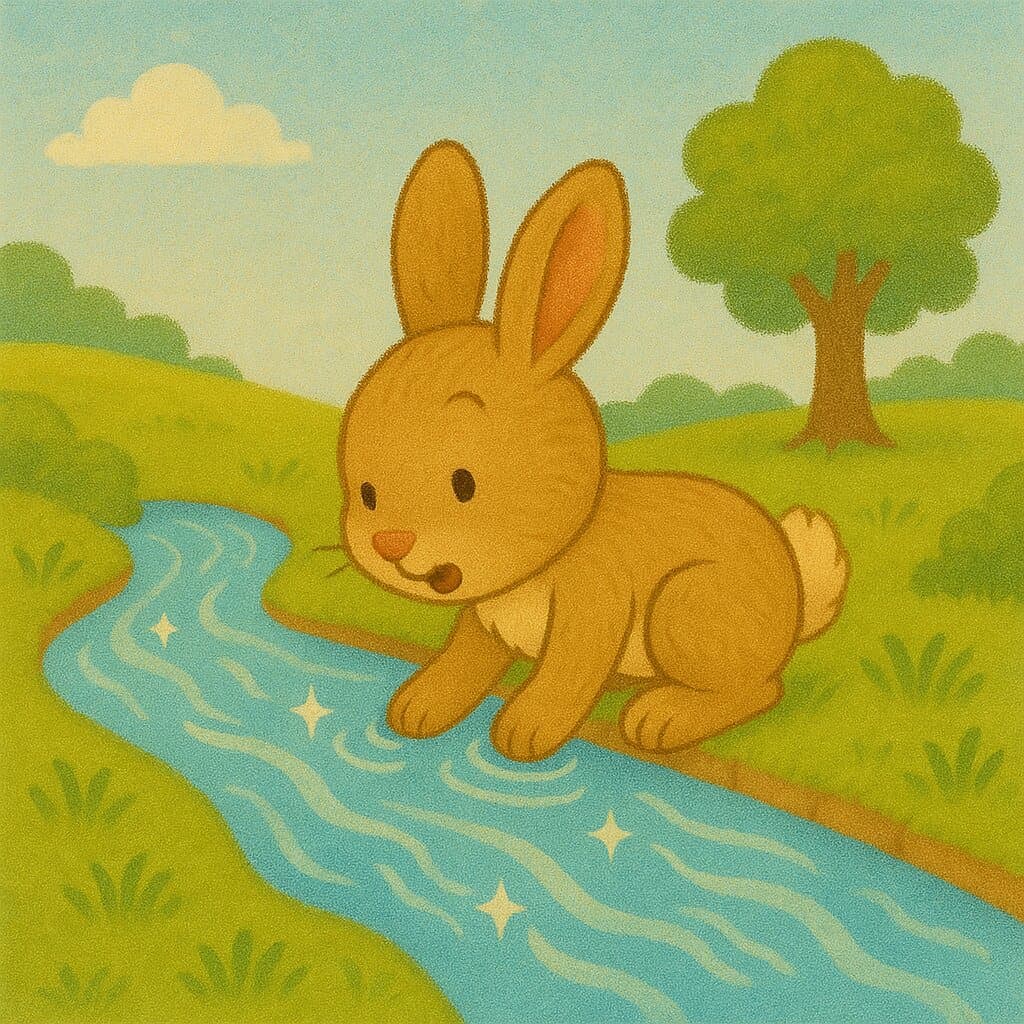 Baby Bunny dips his paws into a sparkling stream.