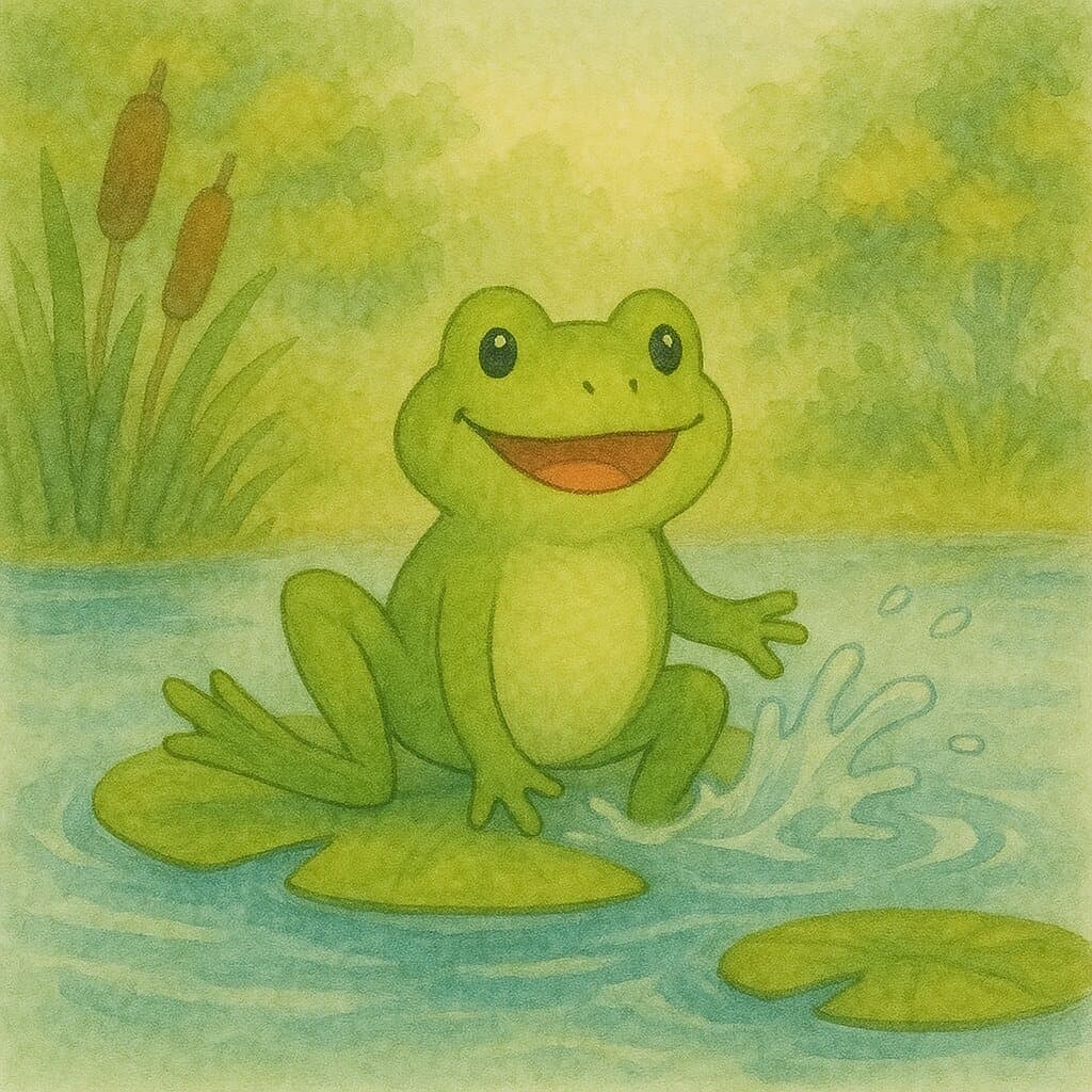 The friends splash with Frog on the lily pads.