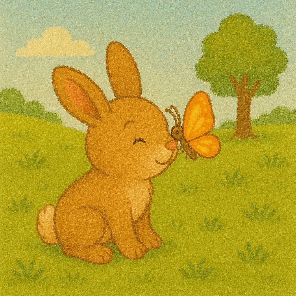 A butterfly lands gently on Baby Bunny's nose.