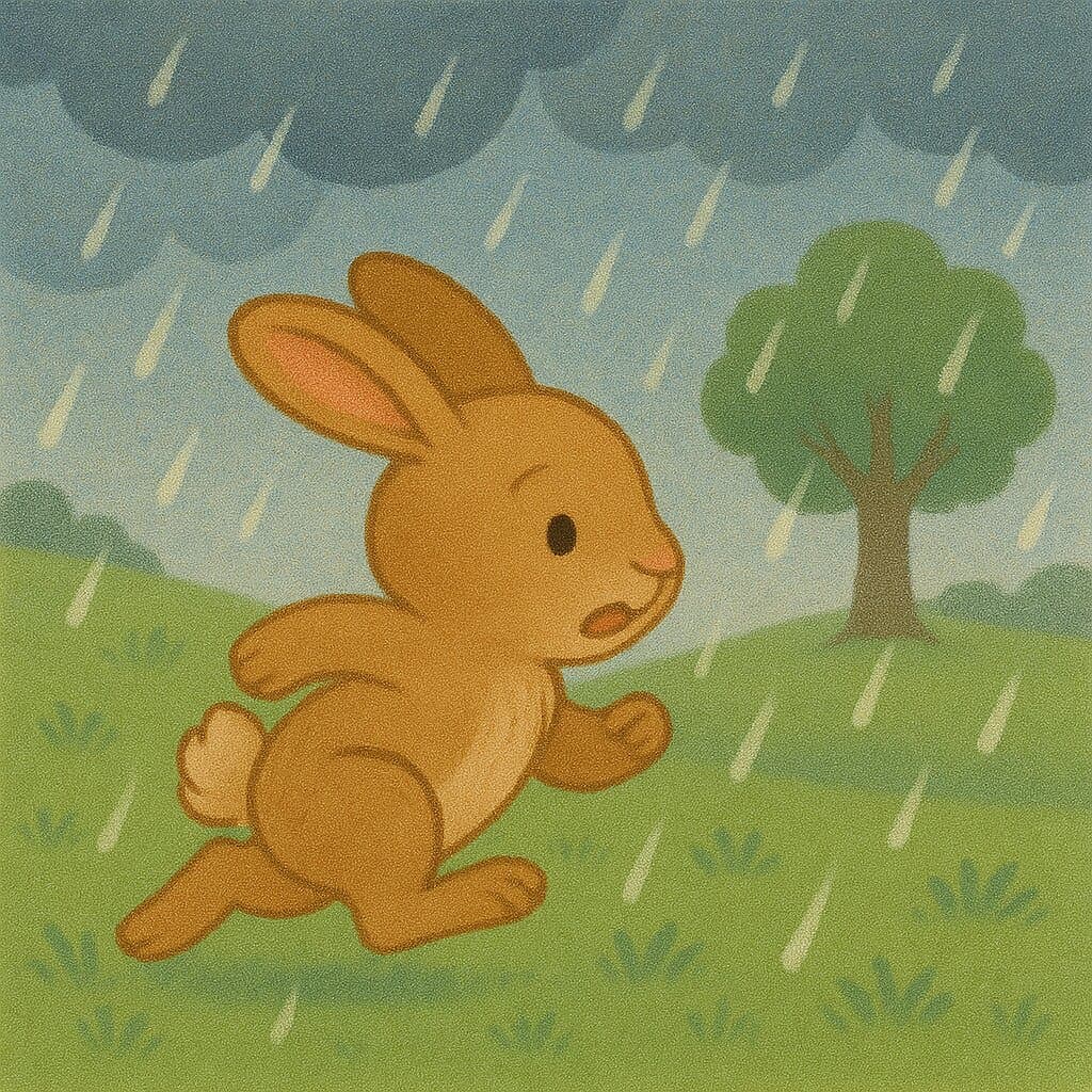 Baby Bunny hurries home as rain begins to fall.