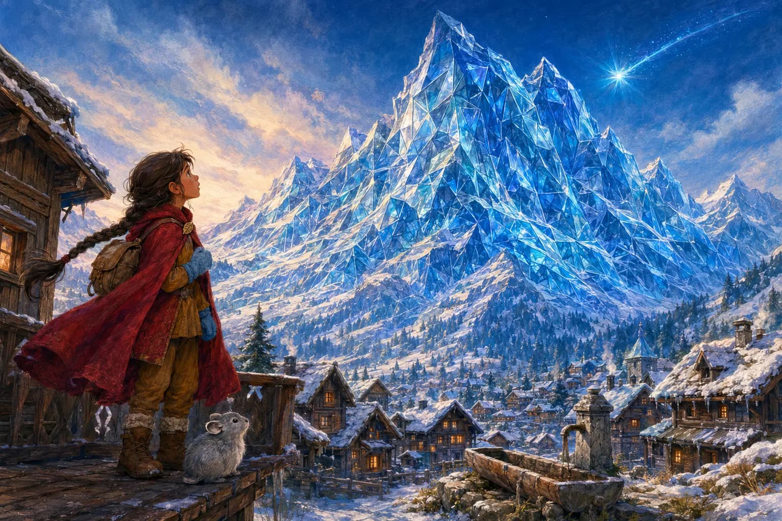 Juniper sees Mount Vesper covered in blue glass above her snowy alpine village.