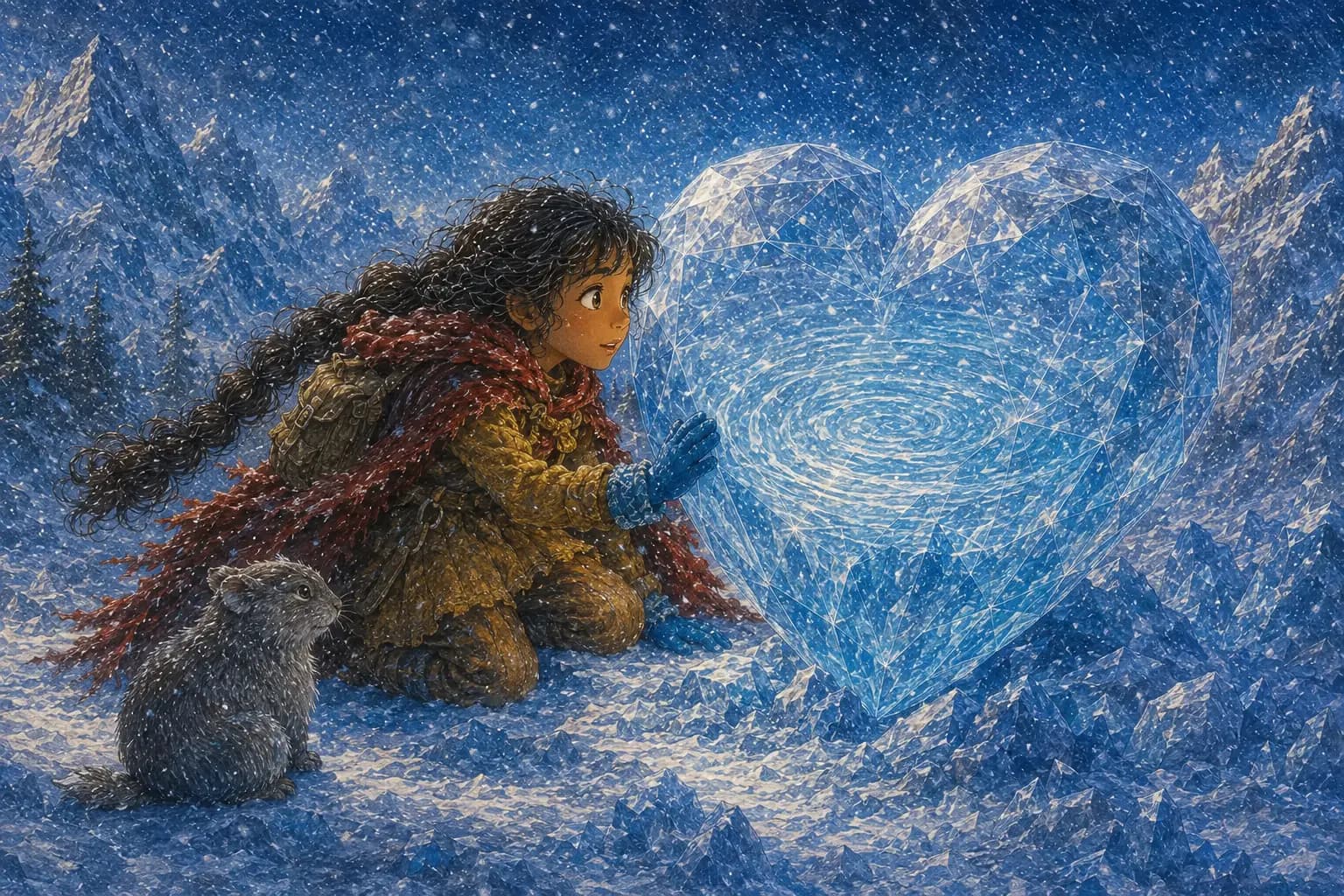 Juniper lowers her hammer and listens carefully beside the glowing crystal heart while Moss waits quietly.