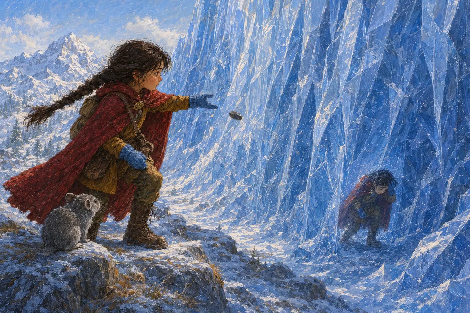 Juniper studies a tiny taunting reflection in a crystalline wall as she tosses a pebble.