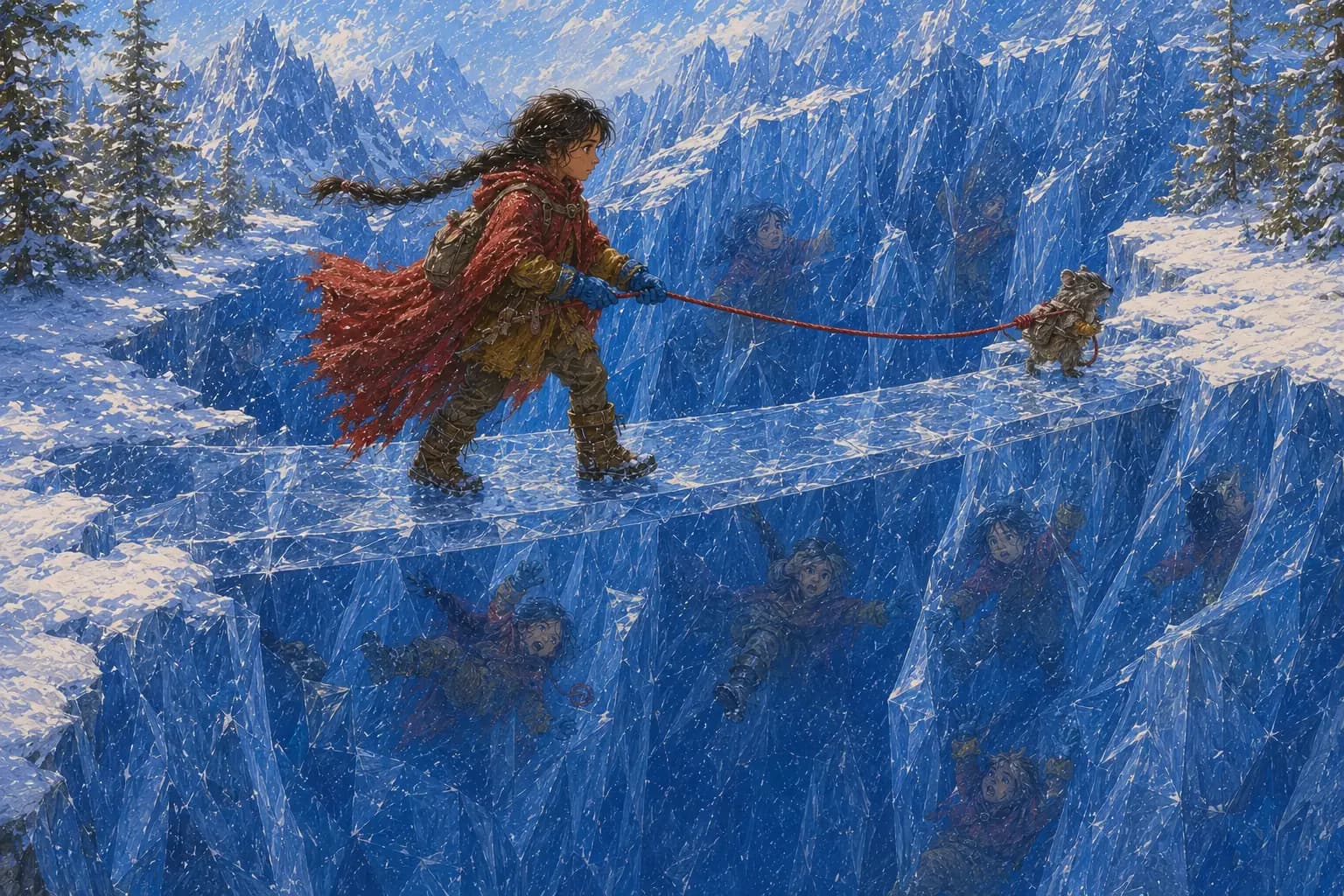 Juniper and Moss cross a transparent icy bridge using a vivid red rope while fearful reflections show false falls.