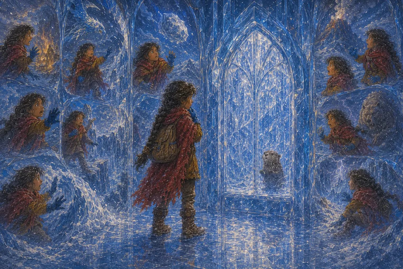 Juniper faces a hall of many alarmed reflections while Moss waits behind a glass door.