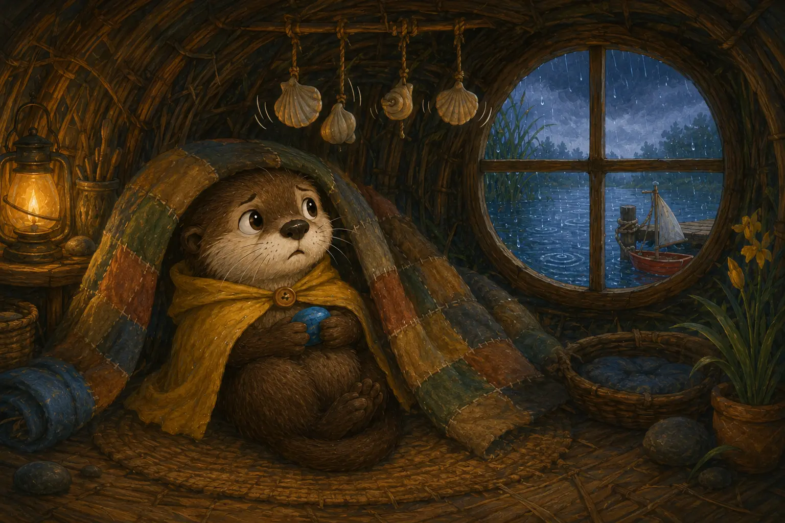 Nori shelters under a quilt while shell ornaments sway in the storm.
