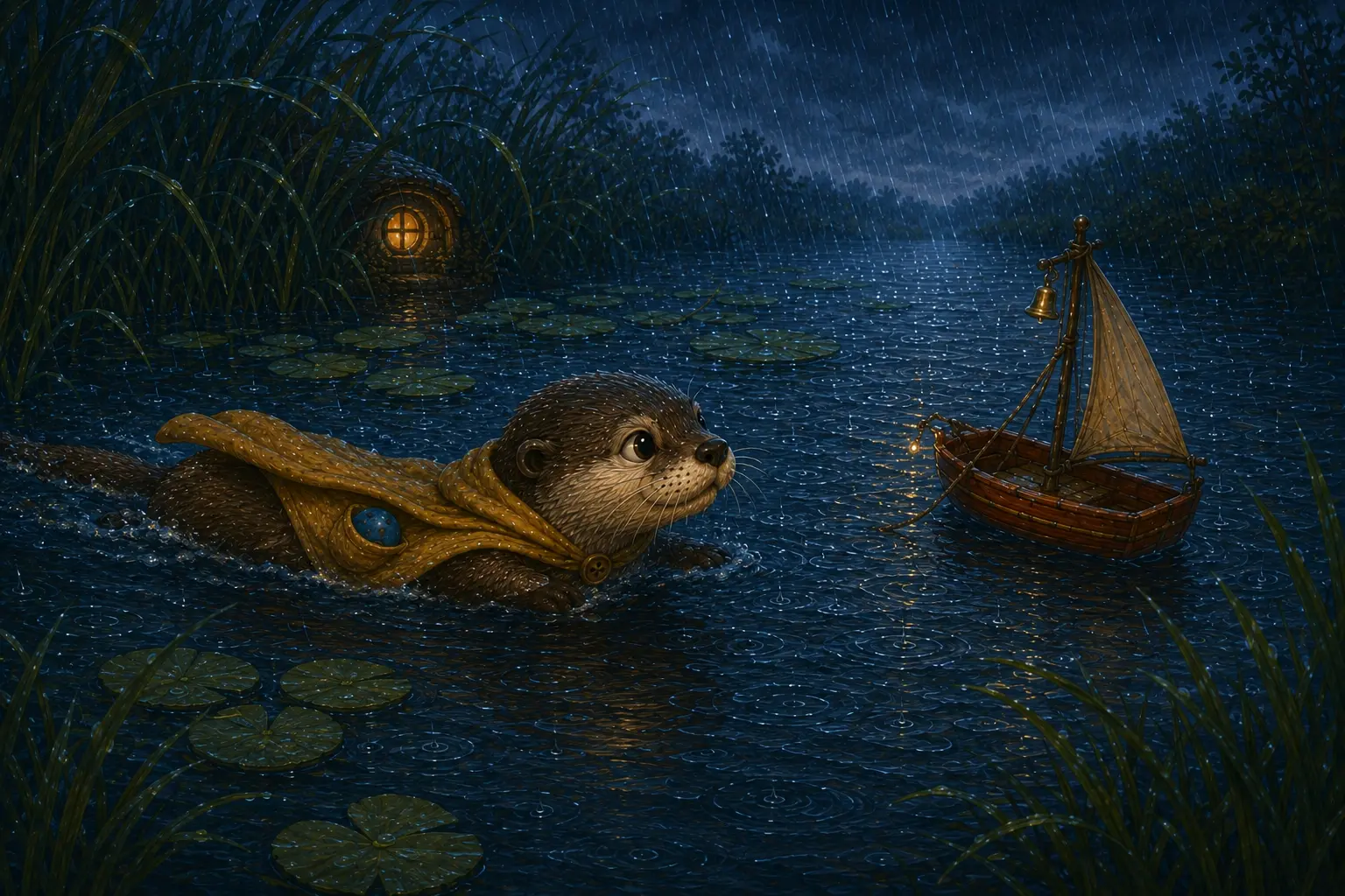 Nori swims through gentle rain toward the drifting toy sailboat.