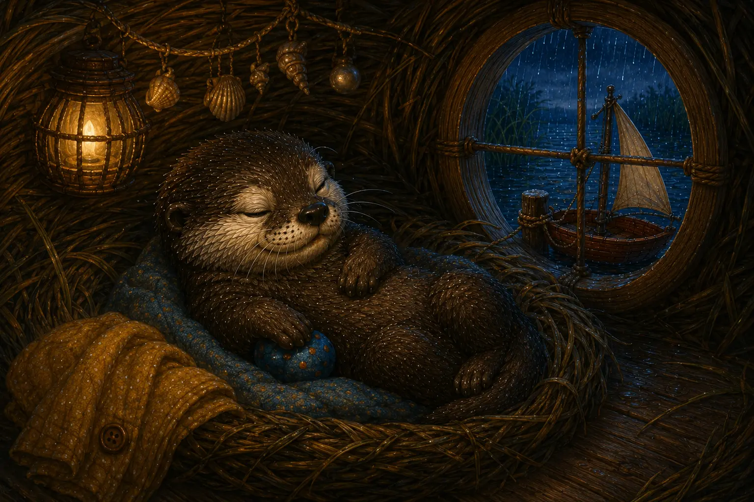 Nori sleeps peacefully while the rain falls and the sailboat rests safely outside.