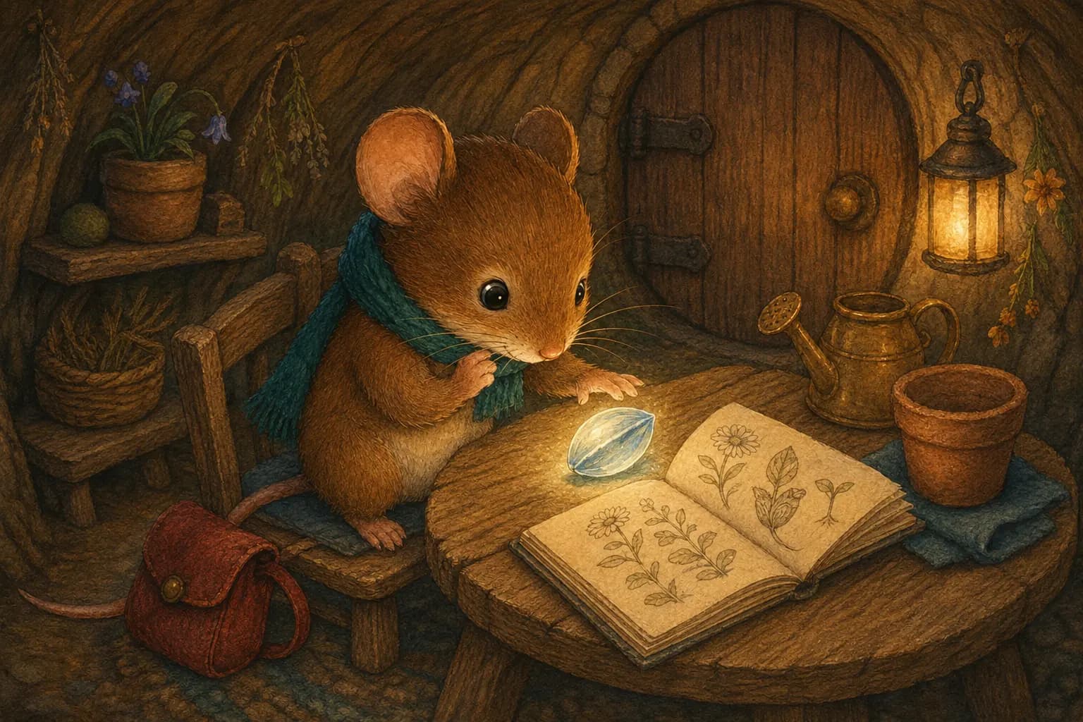 Pip studies the glowing seed beside an open gardening book.