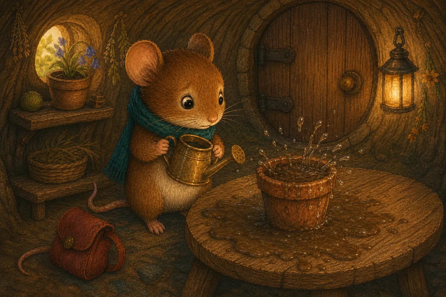 Pip accidentally pours too much water into the seed's clay pot.