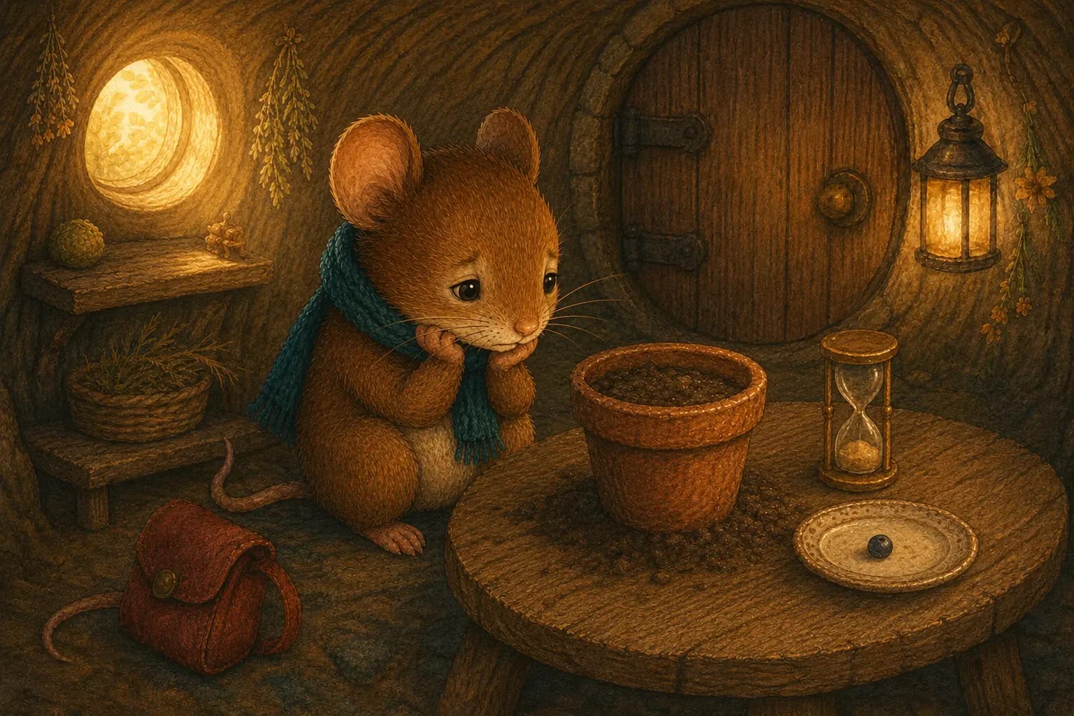 Pip waits patiently beside the clay pot with no sprout in sight.