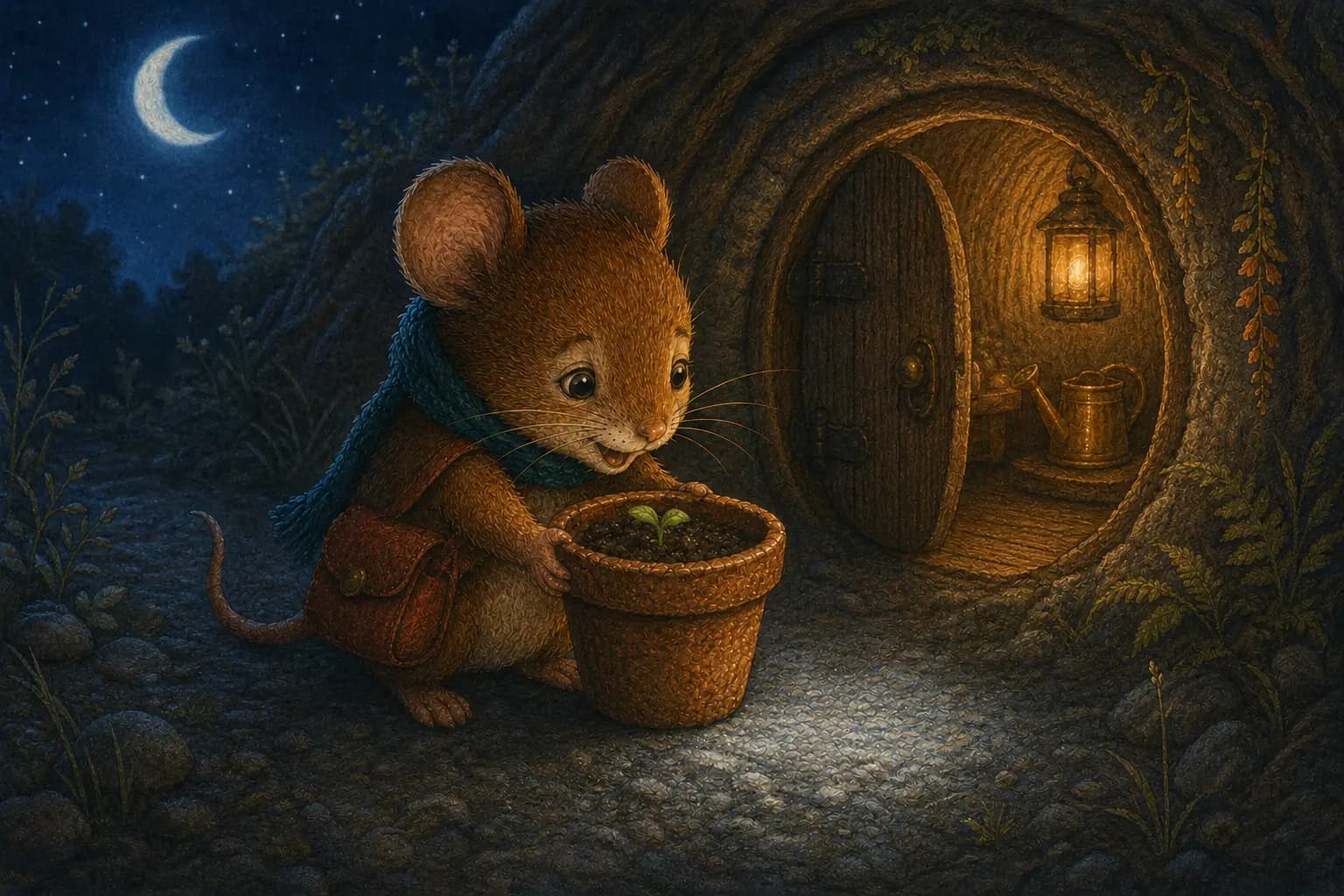A tiny sprout appears in Pip's pot under the crescent moon.