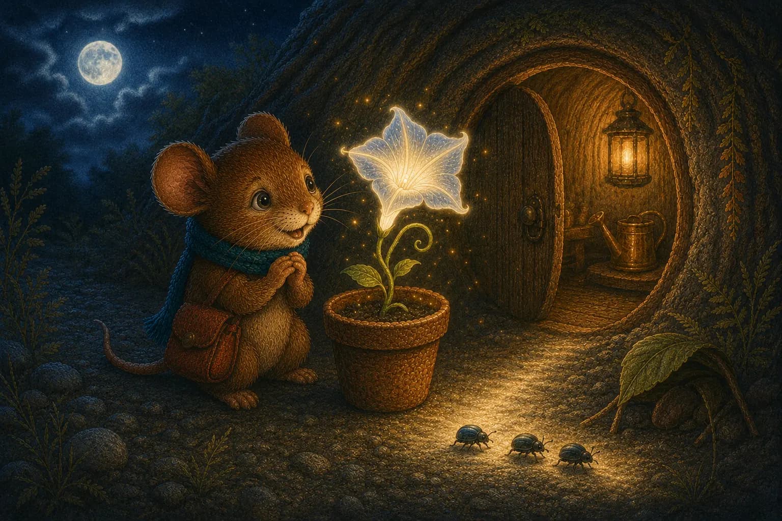 Pip admires a luminous moonflower that lights a path for three beetles.