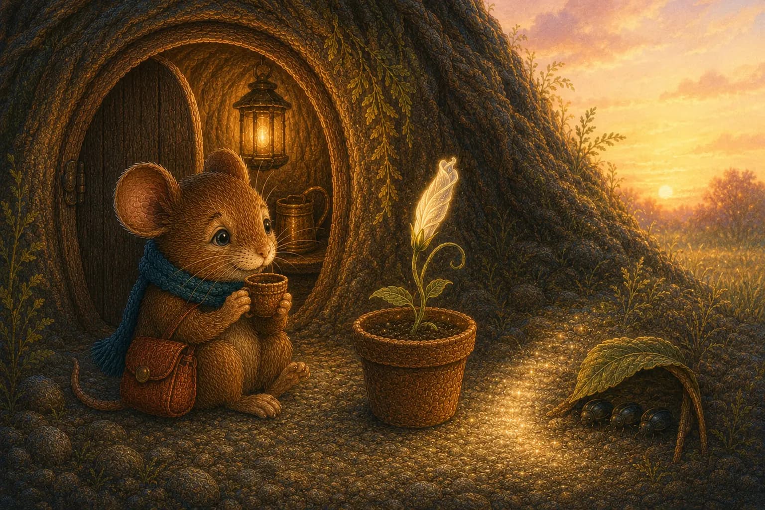 Pip rests beside the closing moonflower at a peaceful sunrise.
