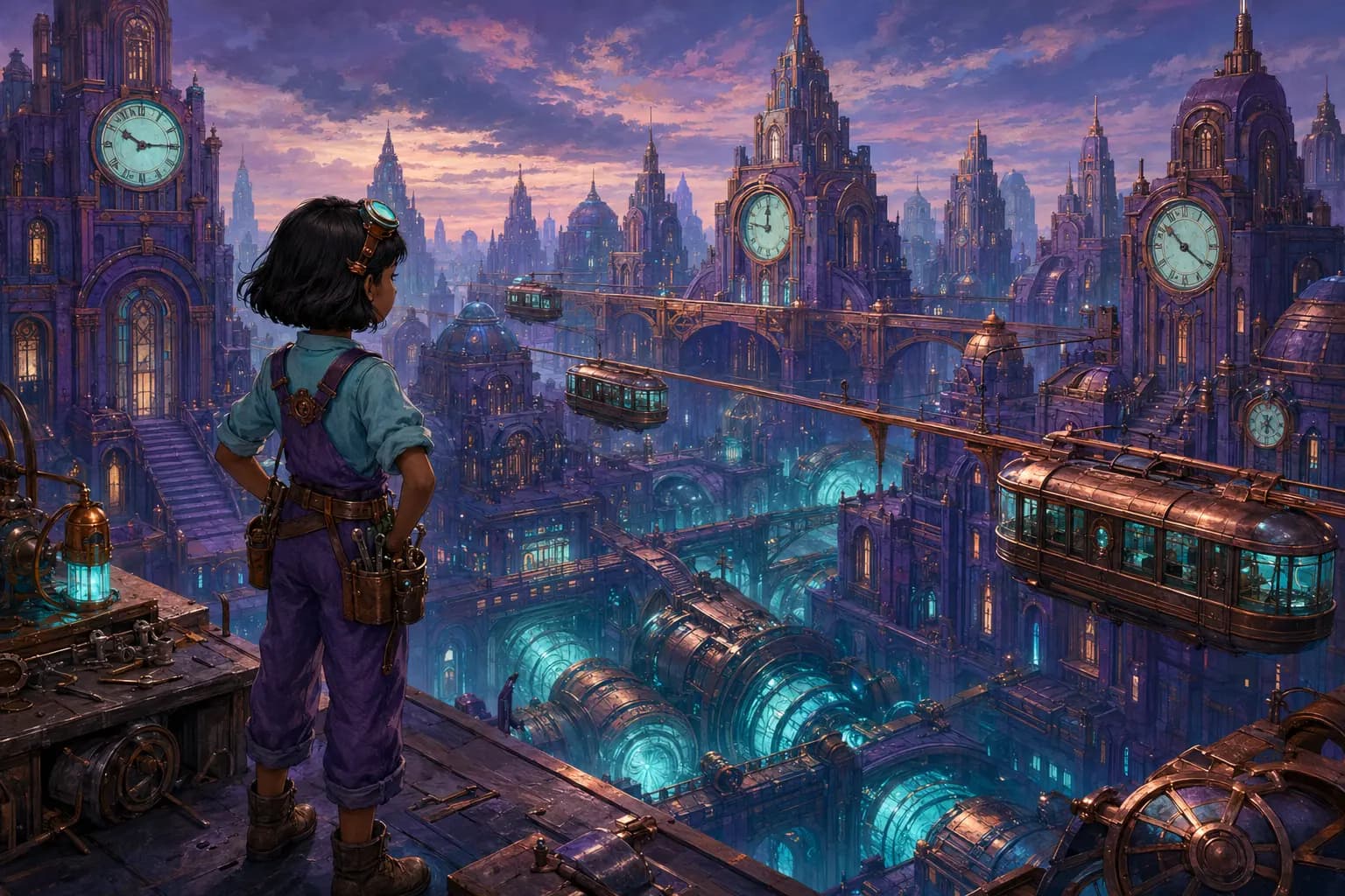Nia overlooks Veyra's violet art-deco towers and glowing copper Tomorrow Engines