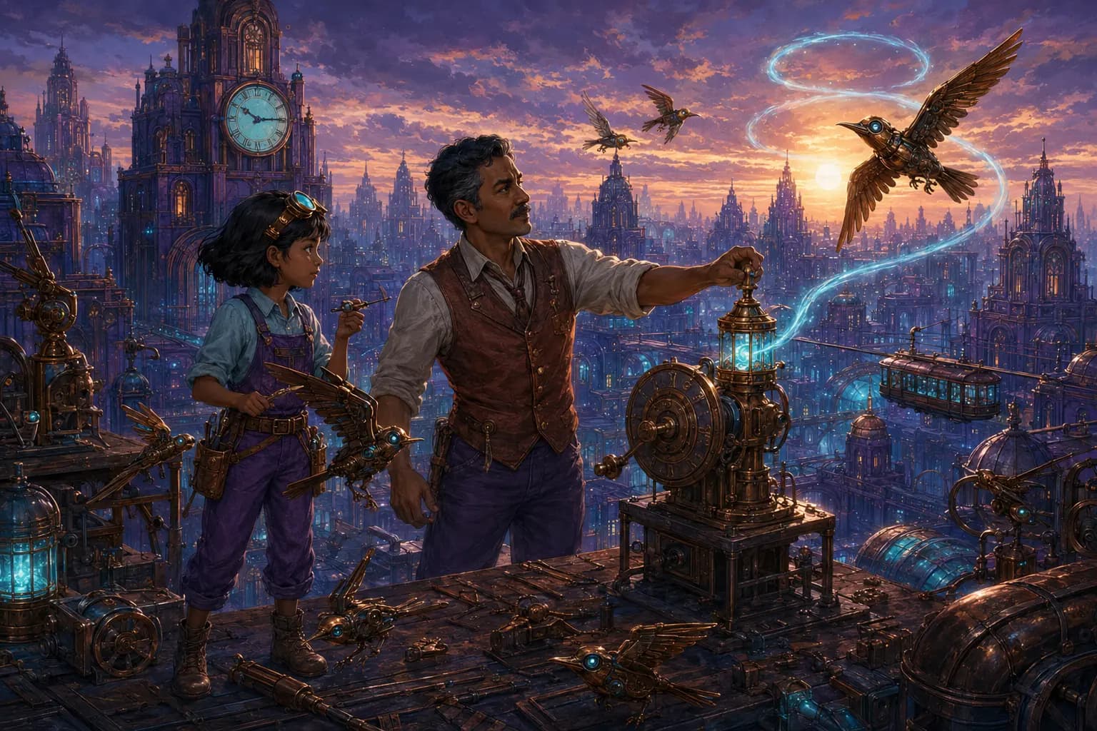 Nia and her father borrow thirty glowing minutes to finish mechanical swallows