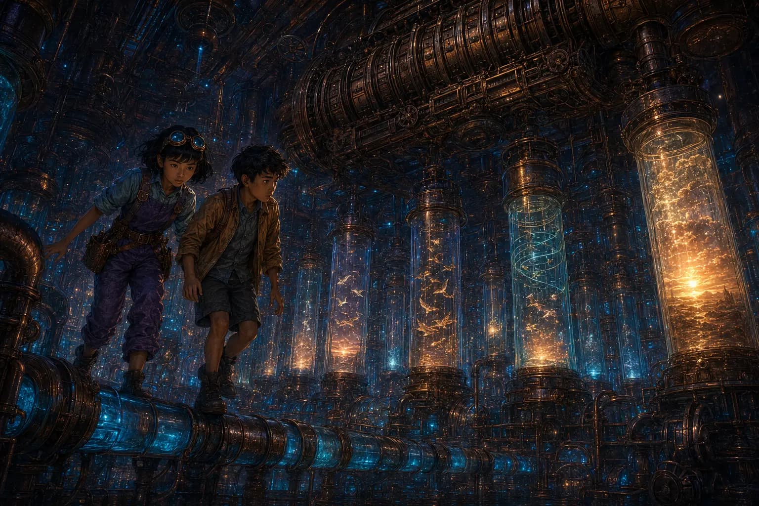 Nia and Jun discover glass cylinders holding stolen pieces of tomorrow in a secret vault