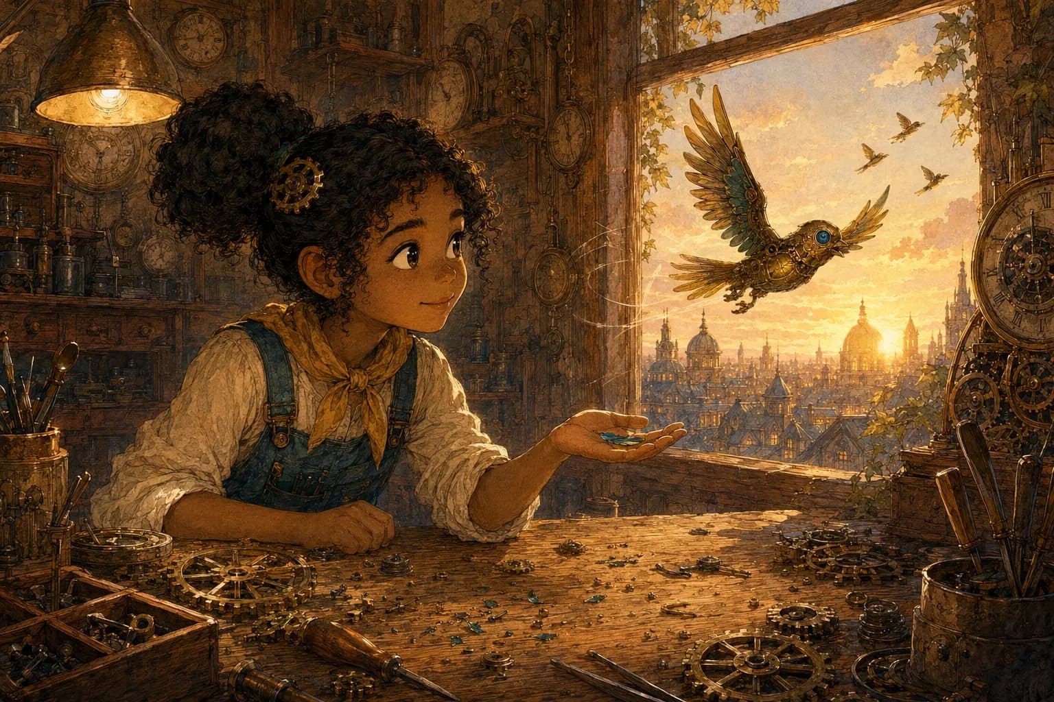 The clockwork sparrow flies from Mira's workshop at sunrise after leaving her a teal feather.