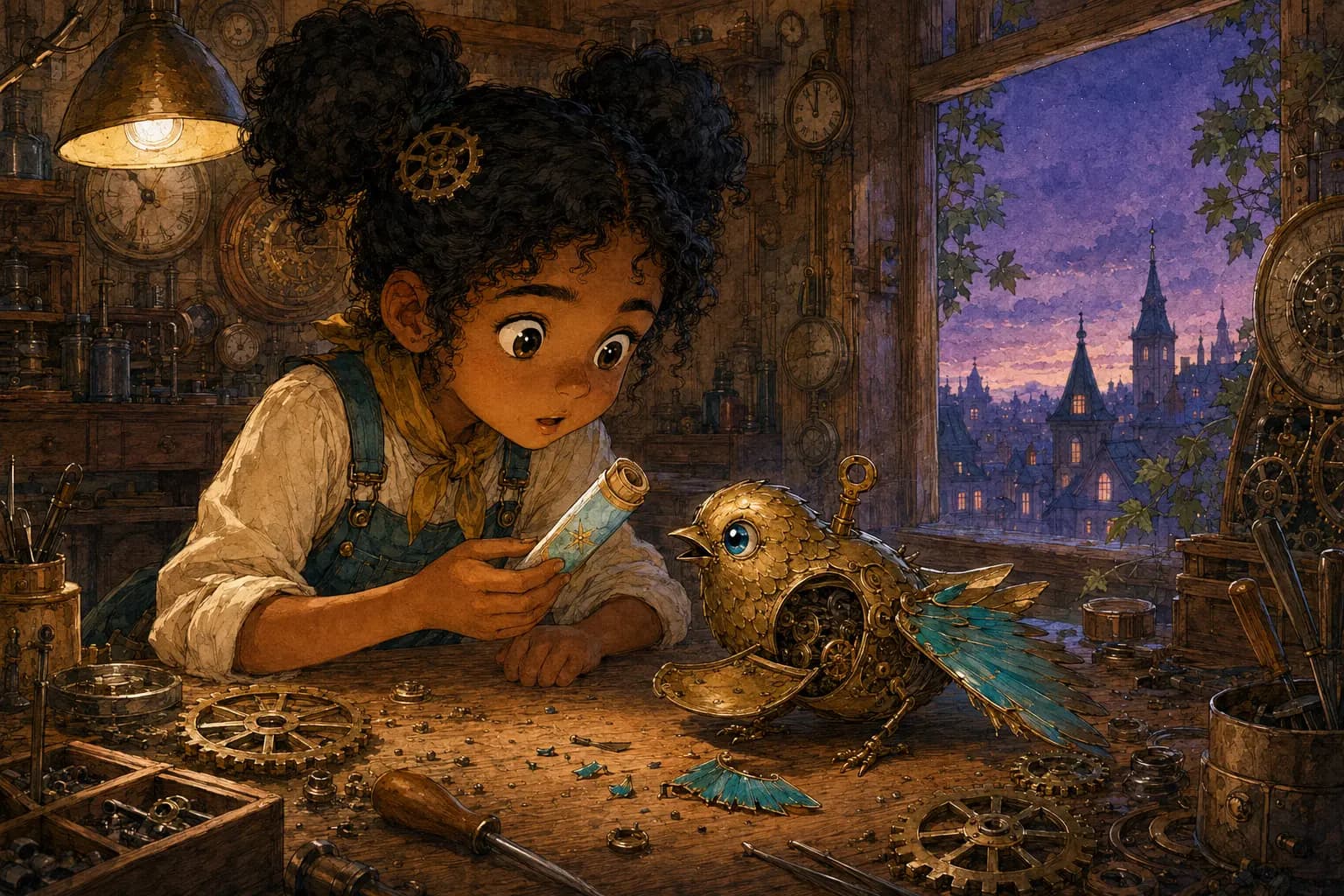 Mira finds a rolled blue sky-map inside the clockwork sparrow.
