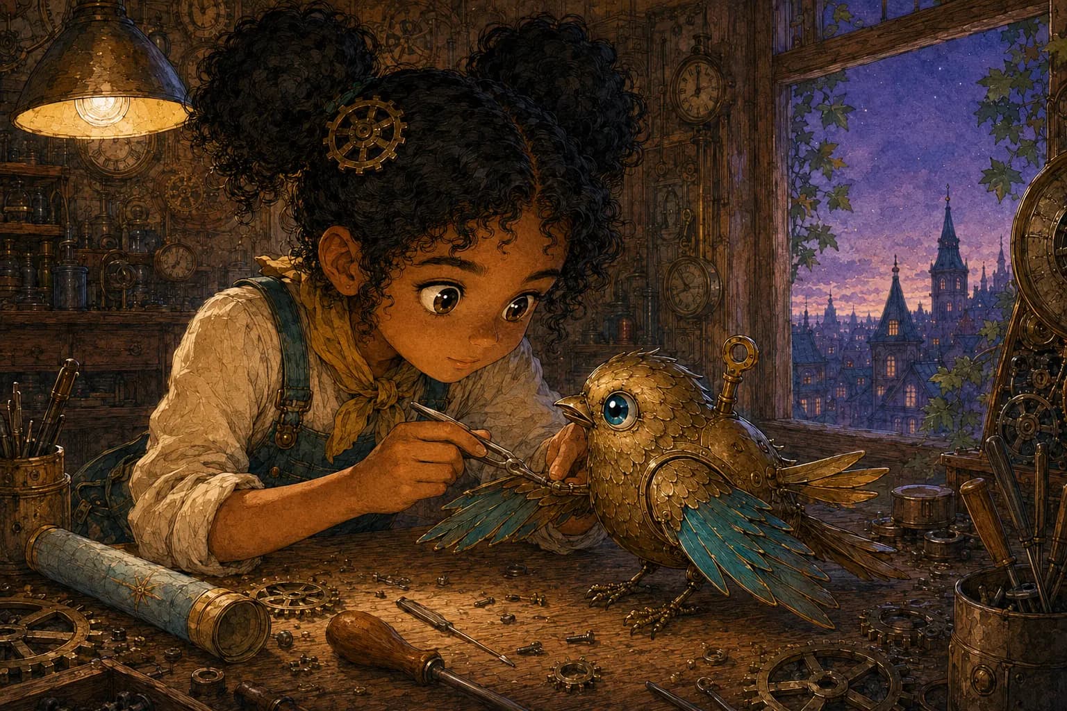 Mira carefully repairs the sparrow's teal-tipped wing with tiny tools.