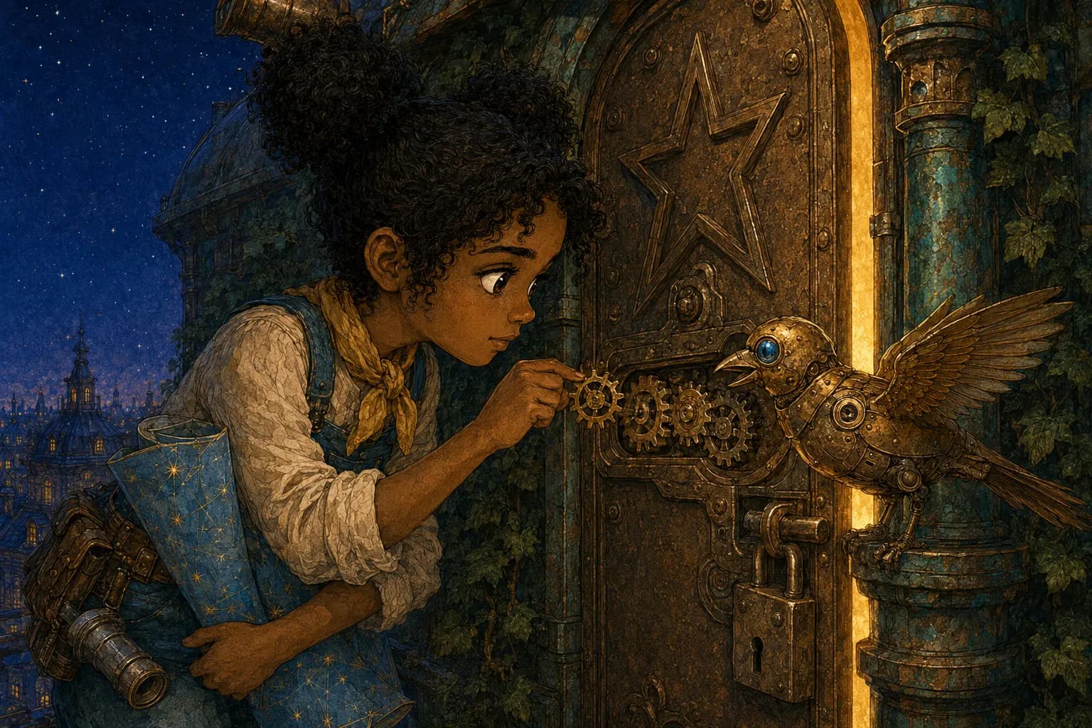 Mira fits her gear-shaped hairclip into the observatory door's broken mechanism.
