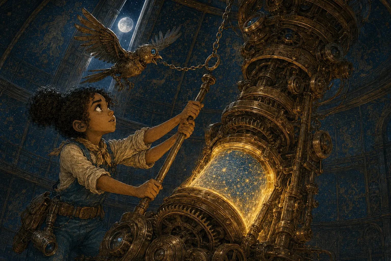 Mira pulls the projector lever while the sparrow tugs the dome's release chain.