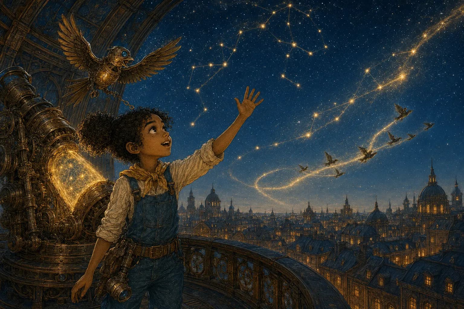 Golden constellations guide a flock of clockwork birds above the city as Mira celebrates.