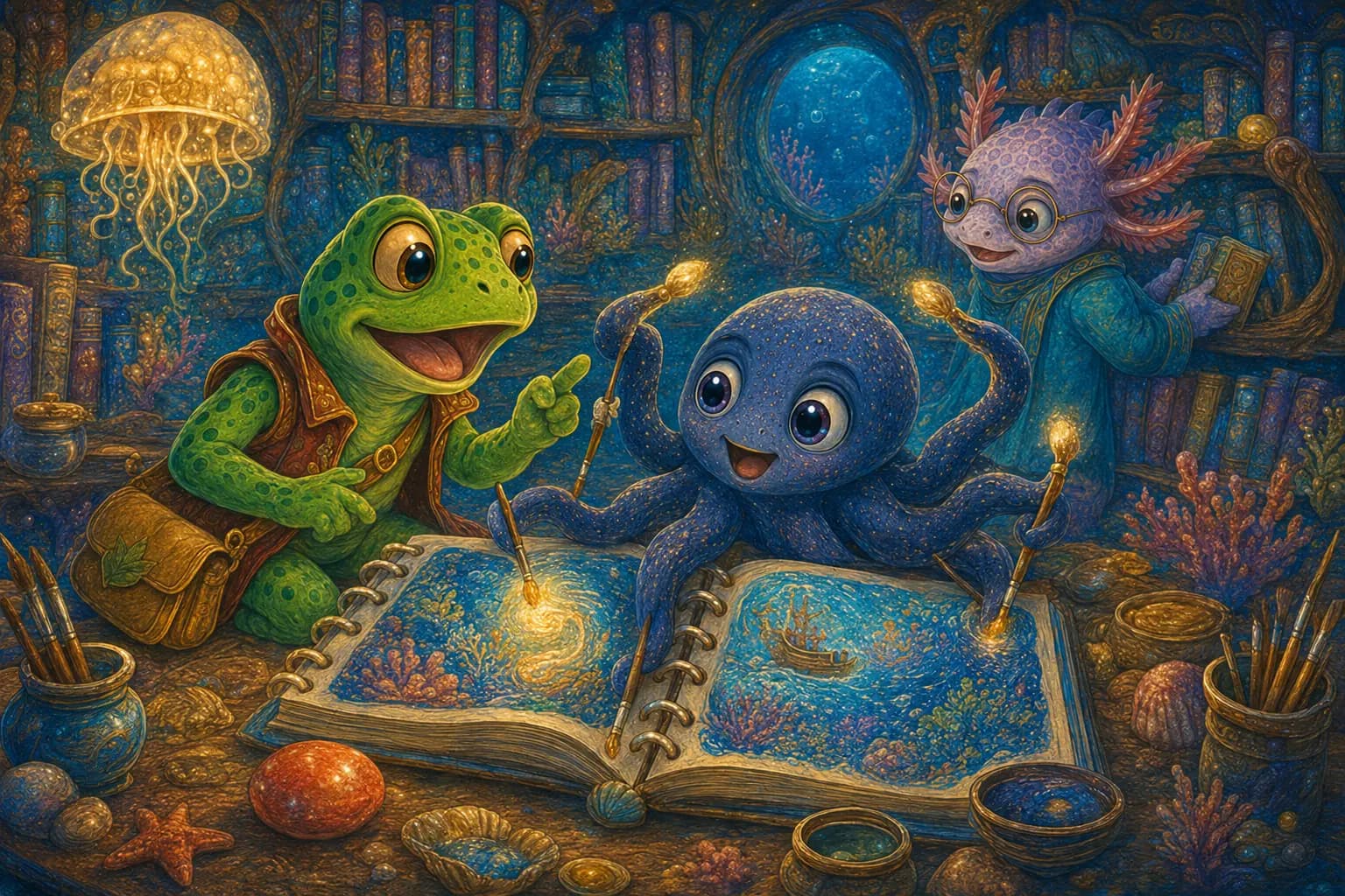 Tavi and Smudge create a new illustrated book together in a cozy underwater library nook.
