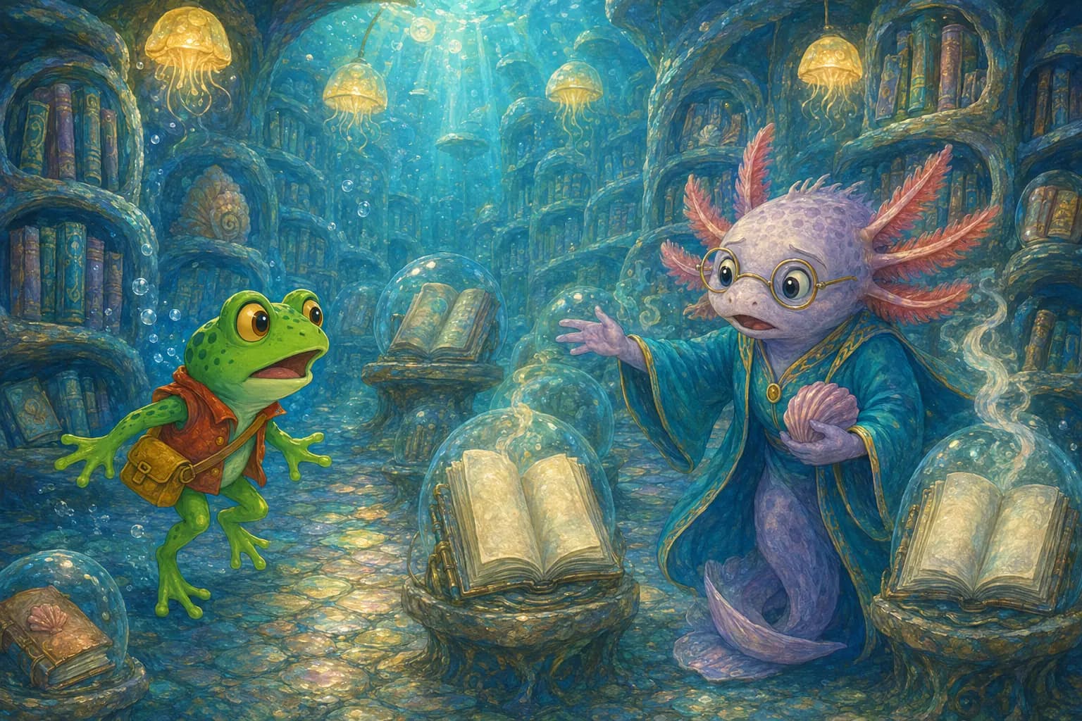 Tavi meets Miss Luma among glowing books and jellyfish lamps in the underwater library.