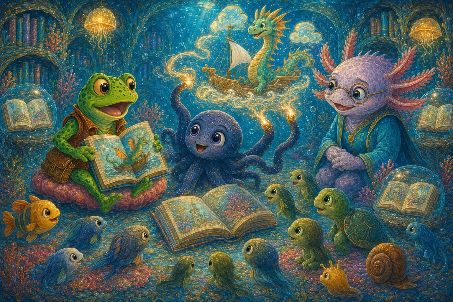 Lake creatures gather as Tavi reads and Smudge paints a glowing dragon adventure in the water.