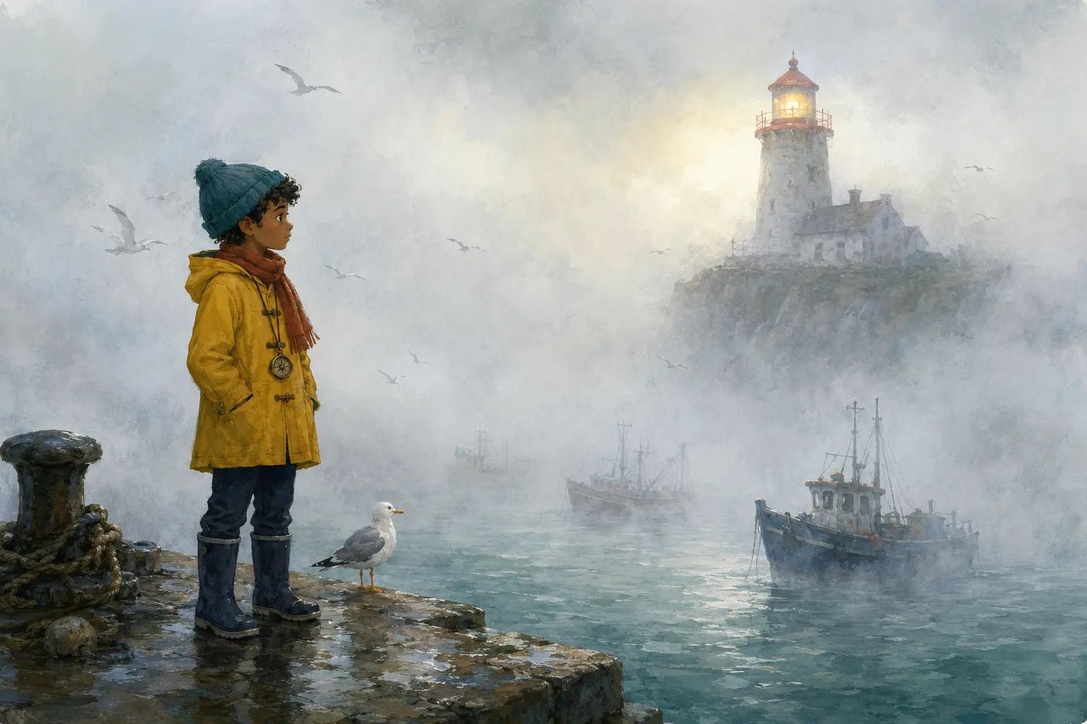 Sami in a yellow raincoat watches thick fog cover Bellweather Bay and its old lighthouse.