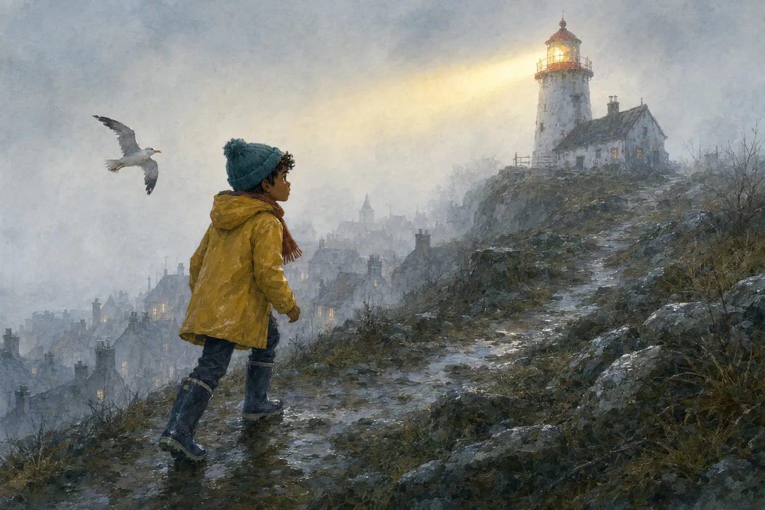 The confused lighthouse shines inland while Sami and a gull approach through the fog.