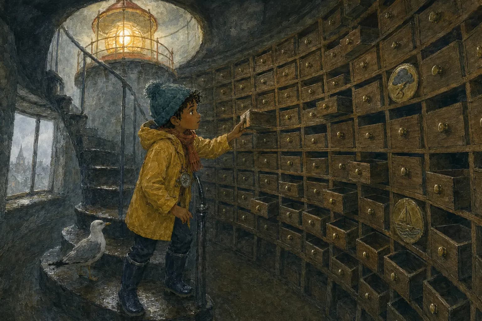 Sami opens empty labeled memory drawers inside the lighthouse.
