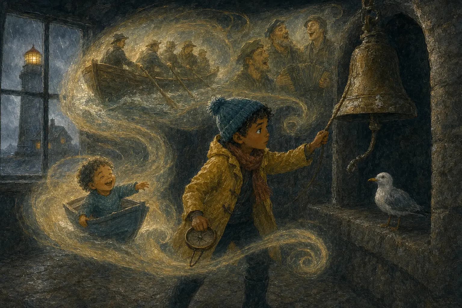 Golden memory scenes of boats and sailors swirl from the bell around Sami.