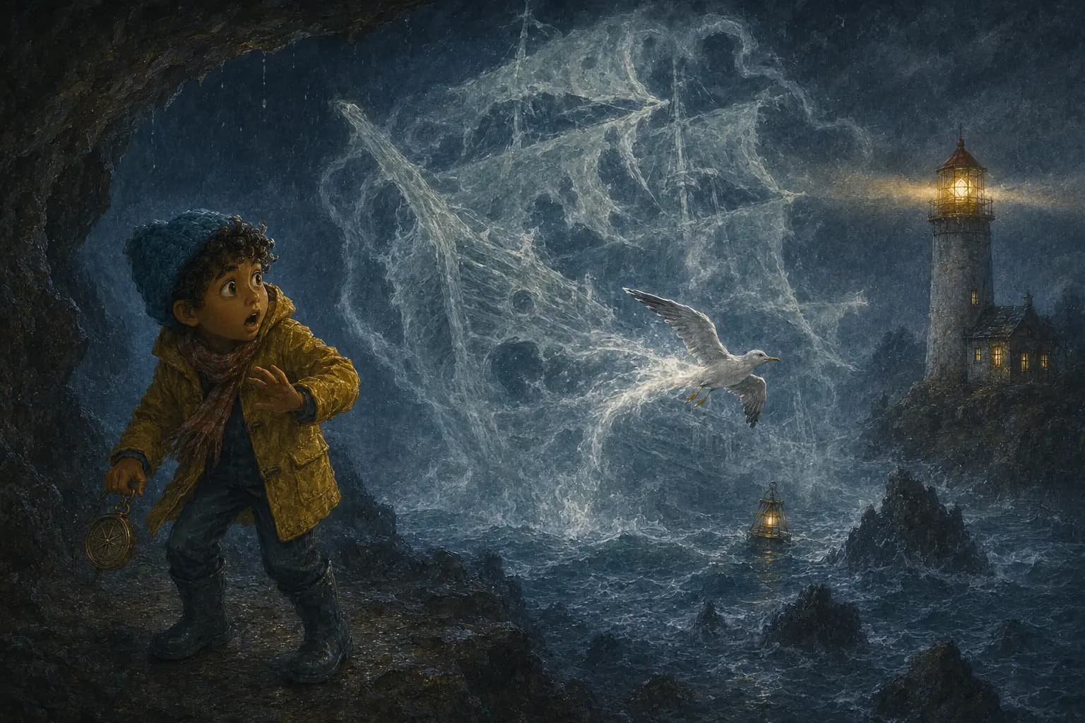 A frightening shipwreck illusion made of fog looms while Nura the gull flies through it and Sami watches.