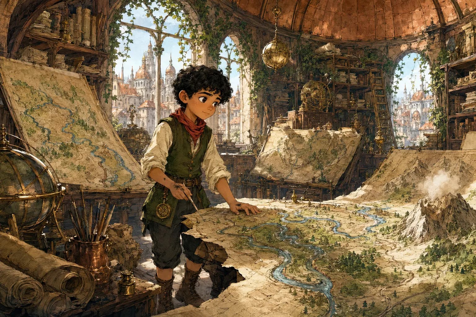 Ivo tending living maps beneath the copper roof of the magical Atlas House