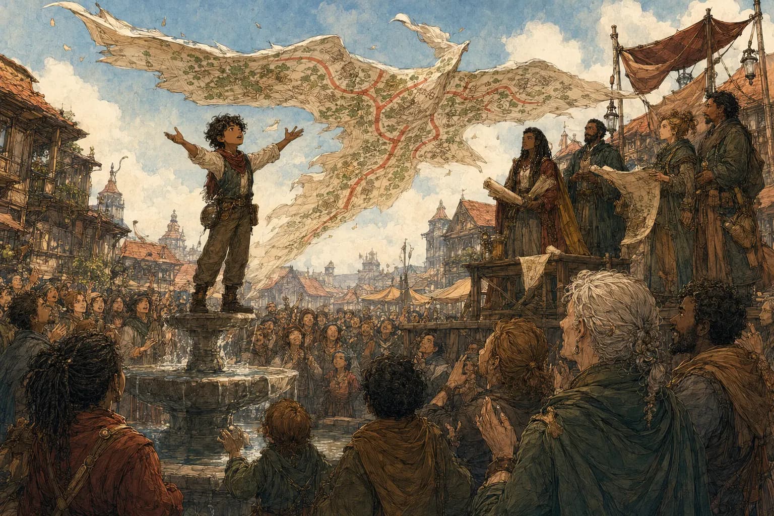 The living map flies above the crowded public square as Ivo reveals Northbank