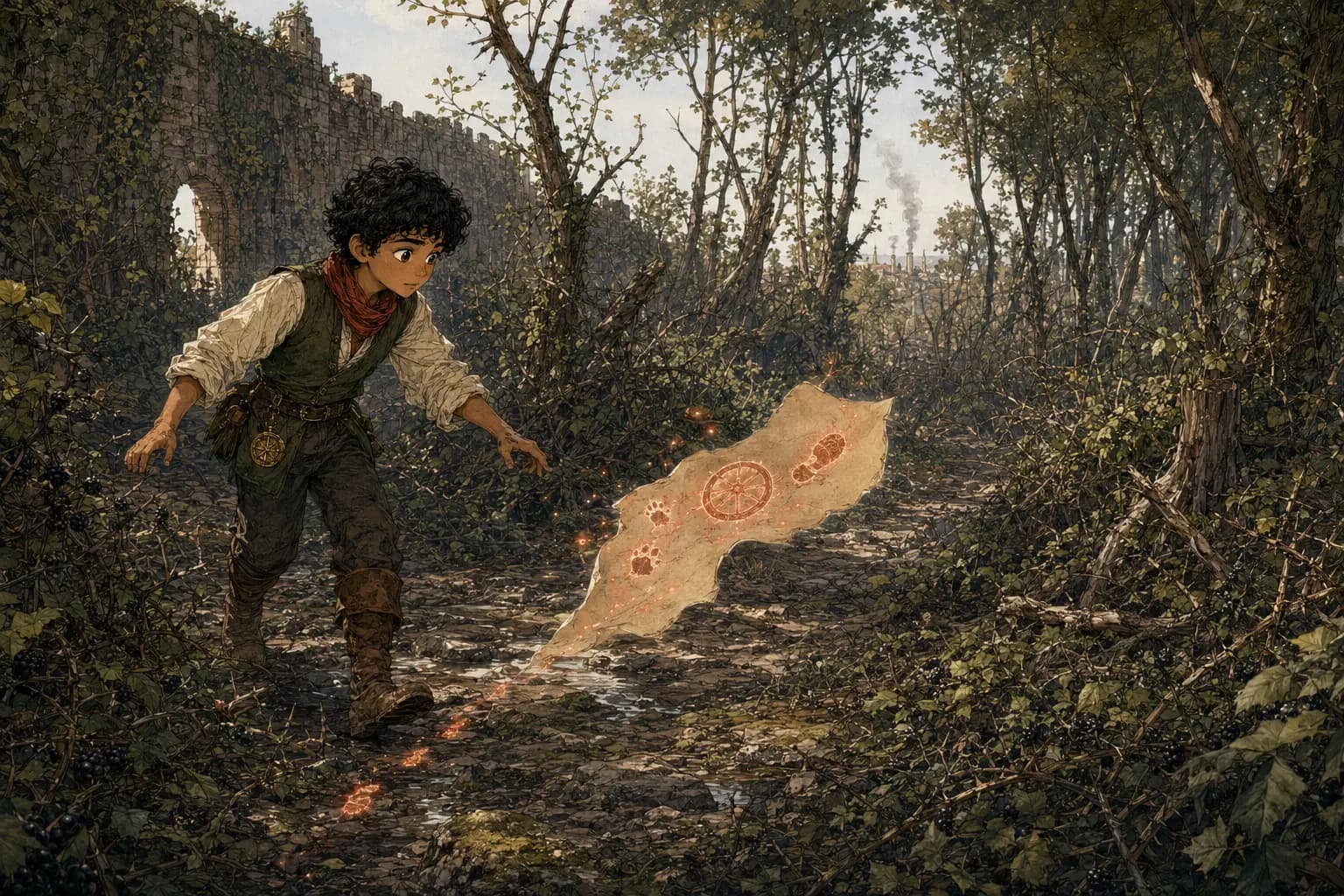 A living parchment draws glowing footprints through brambles as Ivo follows